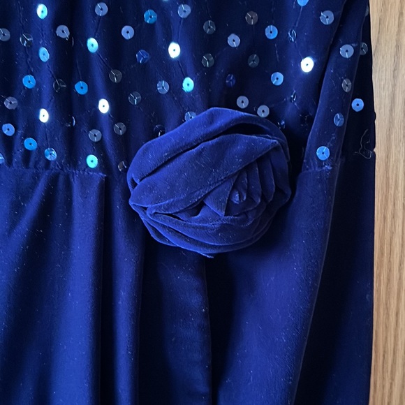 Velvet party dress with cap sleeves, sequins and decorative rose at waist. - Picture 3 of 12
